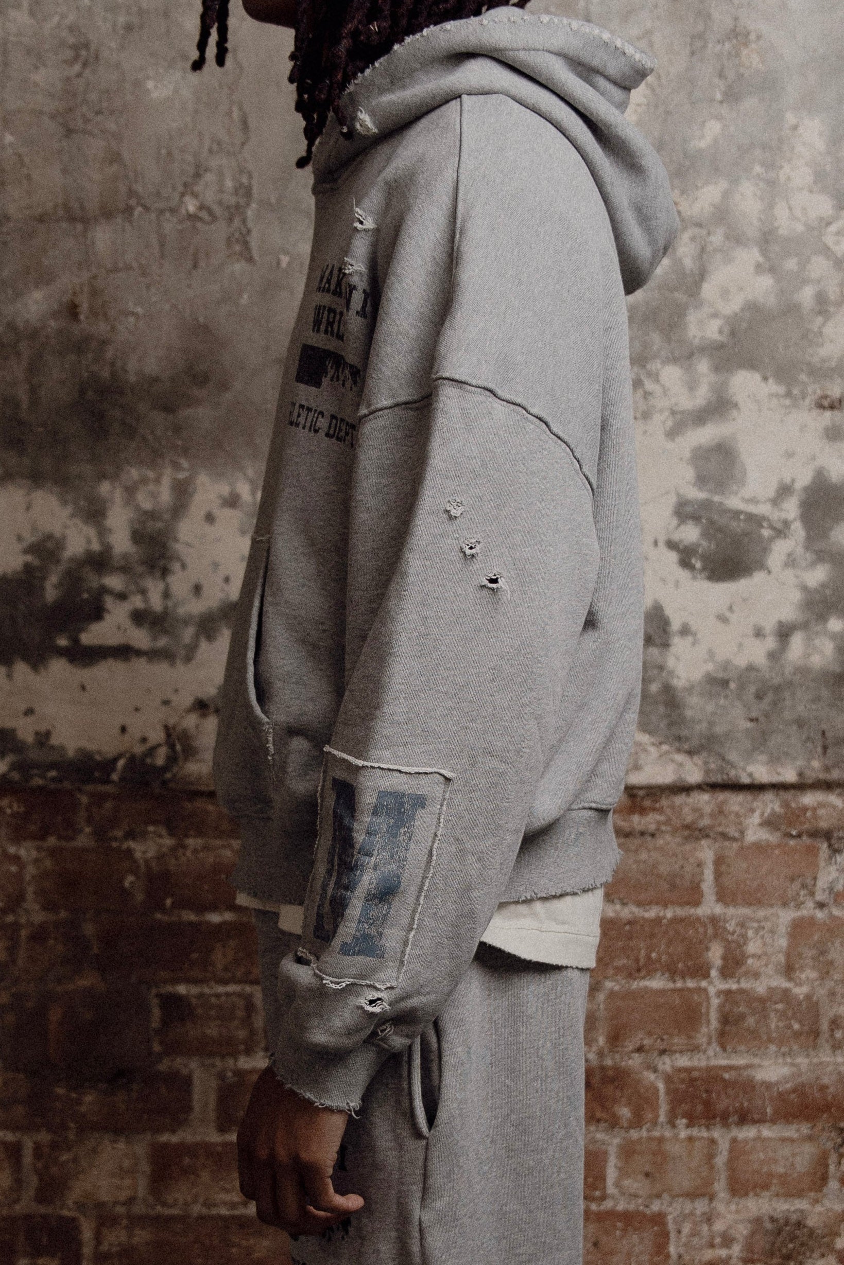 grey patchwork athletic department pullover