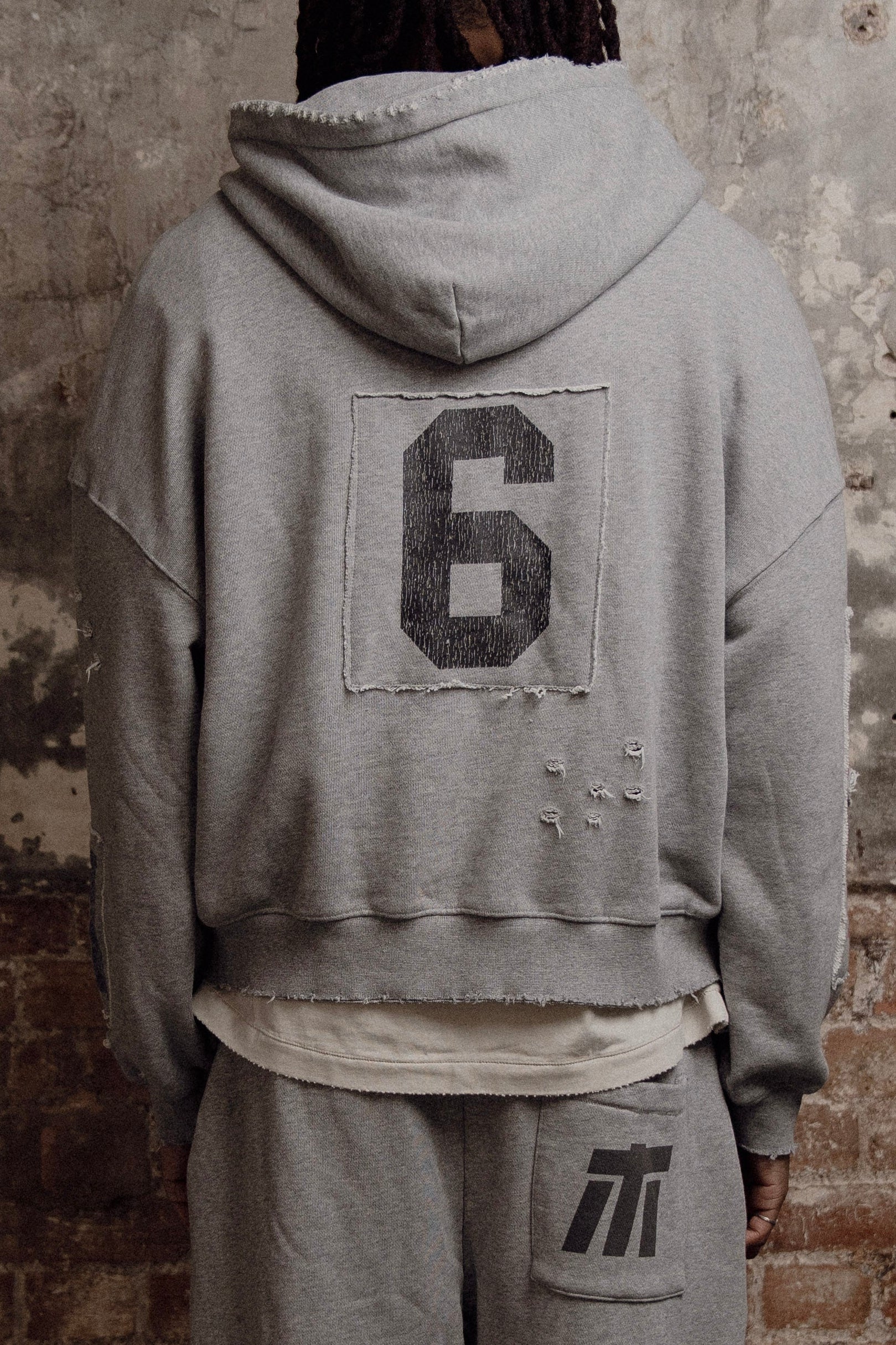 grey patchwork athletic department pullover