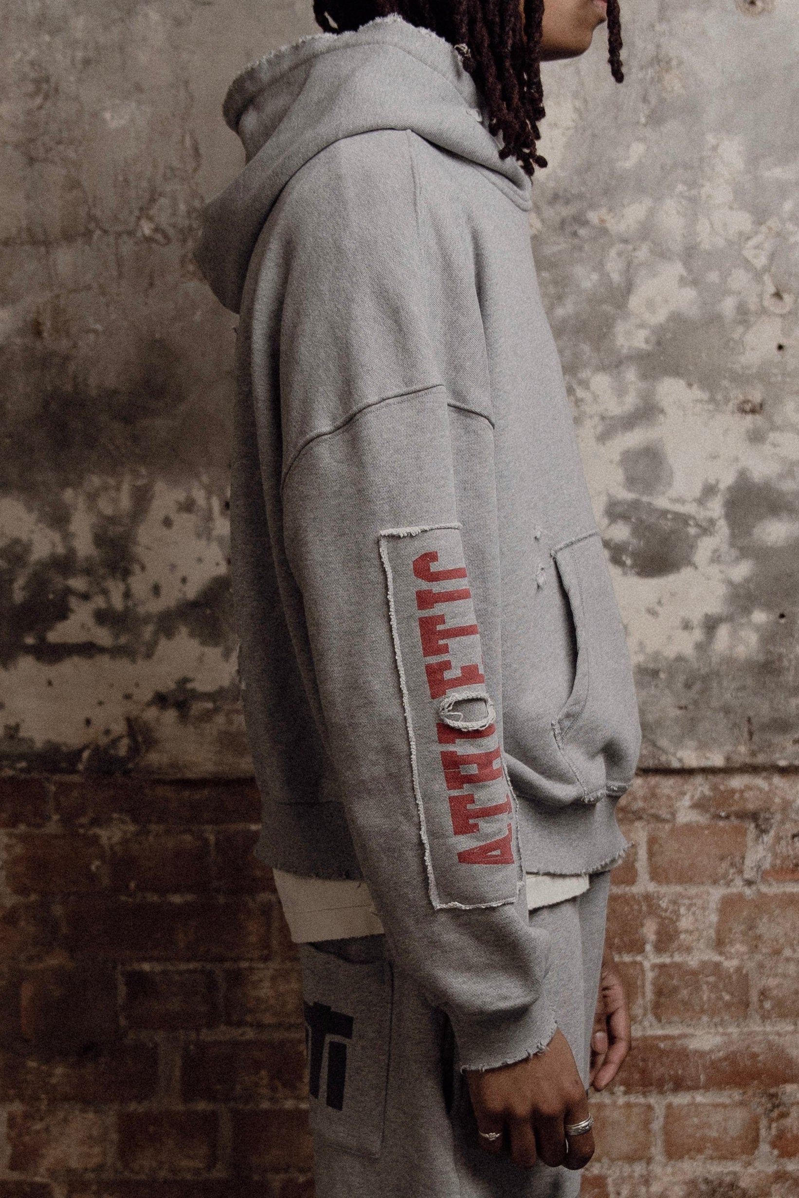 grey patchwork athletic department pullover