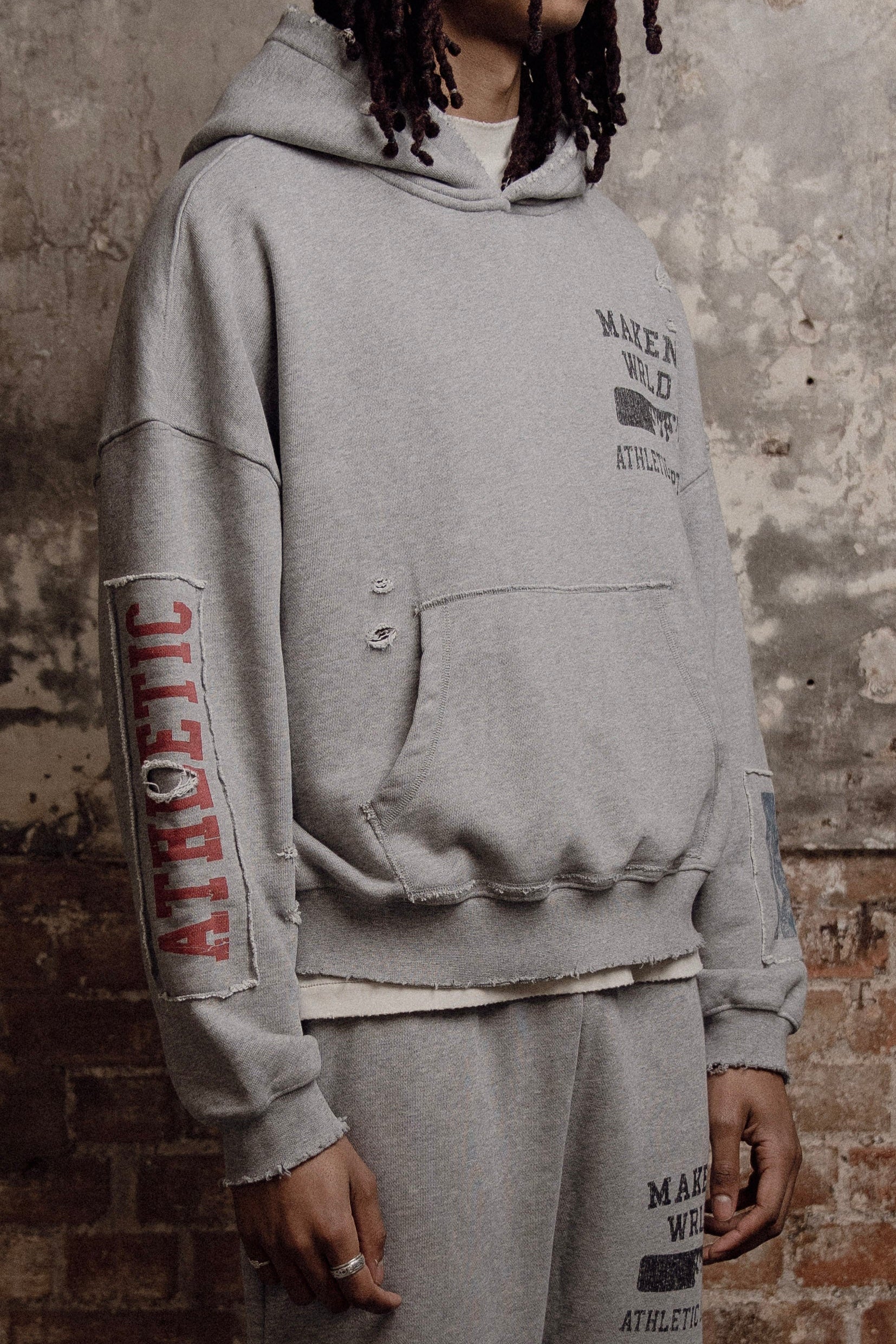 grey patchwork athletic department pullover