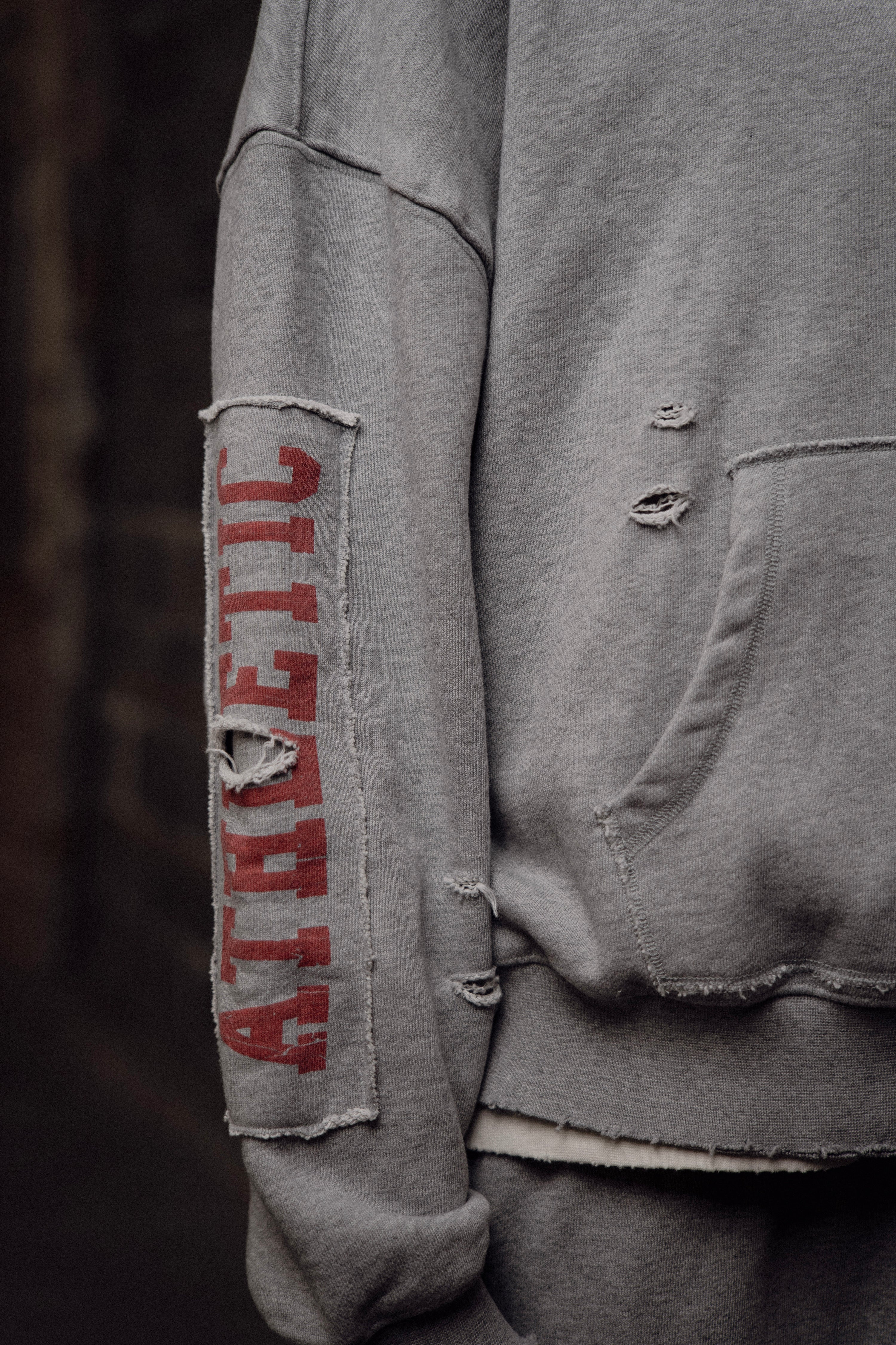 grey patchwork athletic department pullover
