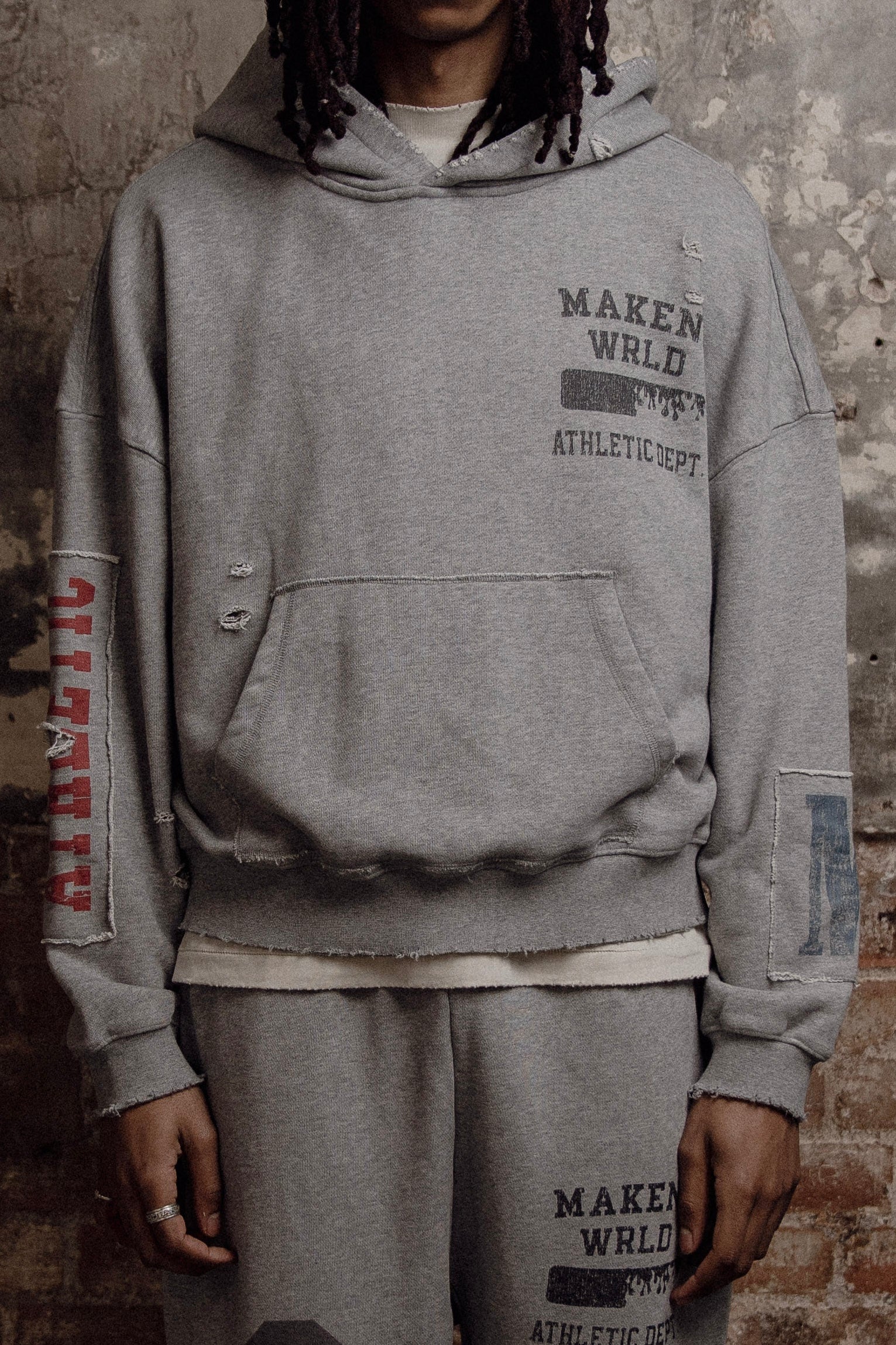 grey patchwork athletic department pullover